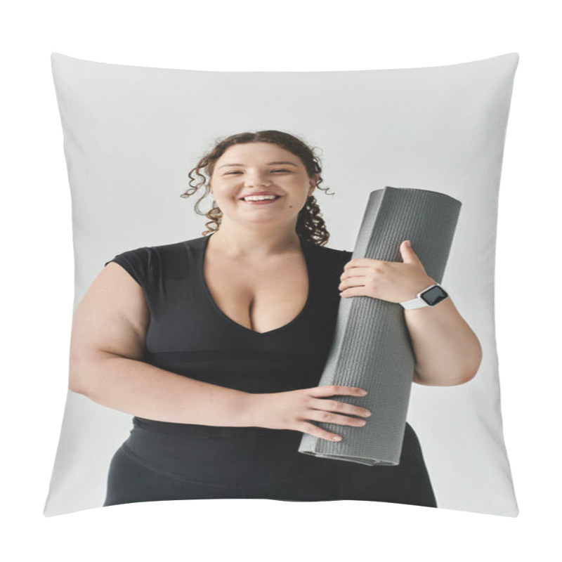 Personality  An Elegant Plus Size Woman Smiles While Holding Her Yoga Mat, Ready For Her Practice. Pillow Covers