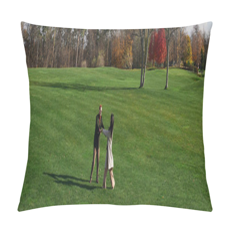 Personality  A Loving Couple Twirls Together On A Vibrant Green Lawn, Surrounded By Autumn Leaves And Warmth. Pillow Covers