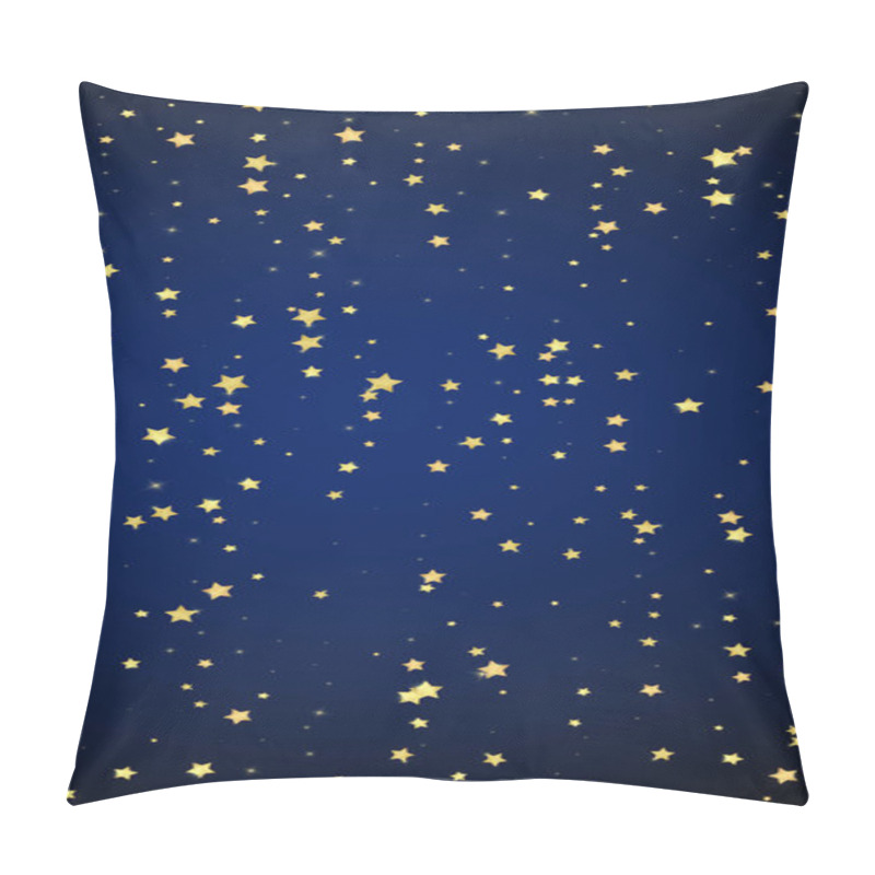 Personality  Magic Stars Vector Overlay.  Gold Stars Scattered Around Randomly, Falling Down, Floating.  Chaotic Dreamy Childish Overlay Template. Magical Cartoon Night Sky On Dark Blue Background. Pillow Covers