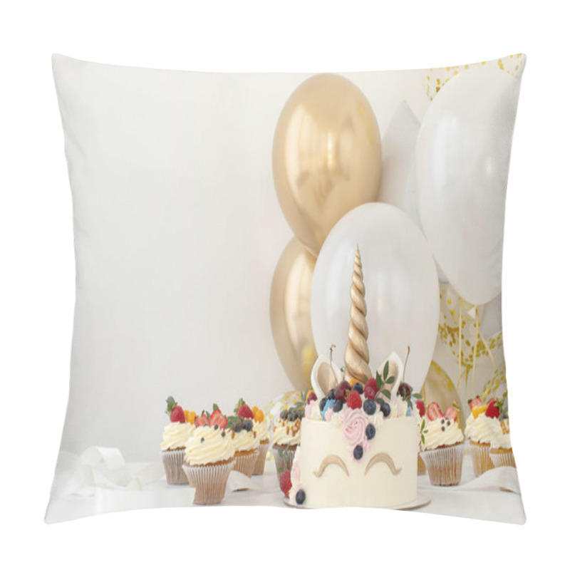 Personality  Close Up Of Little Girls Birthday Party Table With Unicorn Cake Pillow Covers