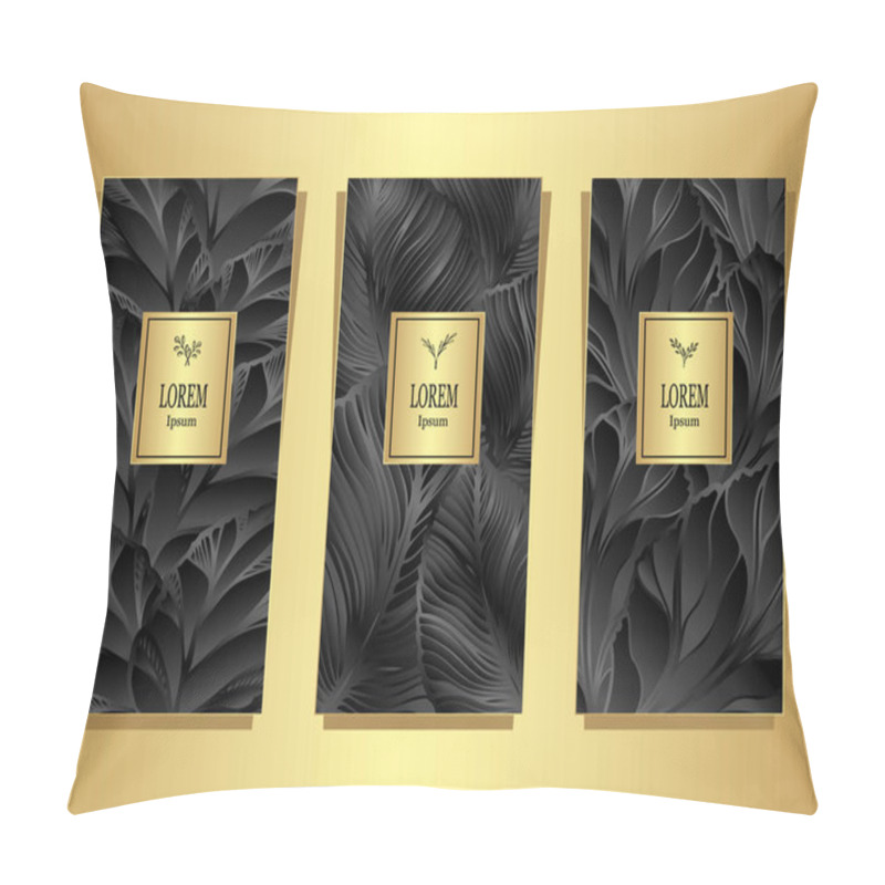 Personality  Set Template For Package Or Flyer From Luxury Background By Leaves Gold On Black Colors For Cosmetic Or Perfume Or For Package Of Tea Or For Alcohol Label Or For Advertising Different Things Pillow Covers