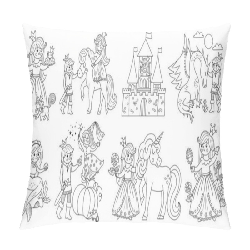 Personality  Fairy Tale Black And White Vector Princess Set. Fantasy Line Girl Collection. Medieval Fairytale Maid Coloring Page. Girlish Cartoon Magic Icons Pack With Sleeping Beauty, Frog Prince Pillow Covers