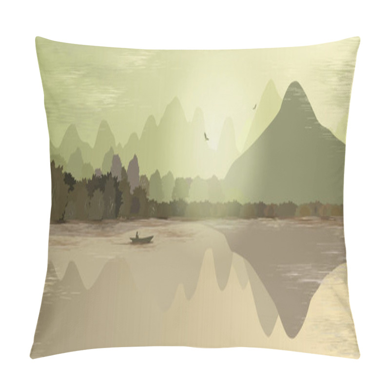 Personality  Mountain Landscape In Green And Beige Tones. Mountains, Hills, Forest, Mountain Lake Or River, A Lonely Man In A Boat Fishes. Two Birds Fly Over The Mountains. Foggy Morning. Outdoor Recreation. Pillow Covers