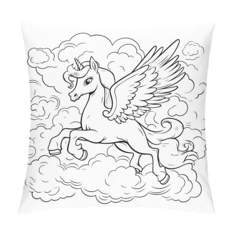 Personality  Unicorn Flying In The Clouds. Black And White Vector Illustration. Pillow Covers