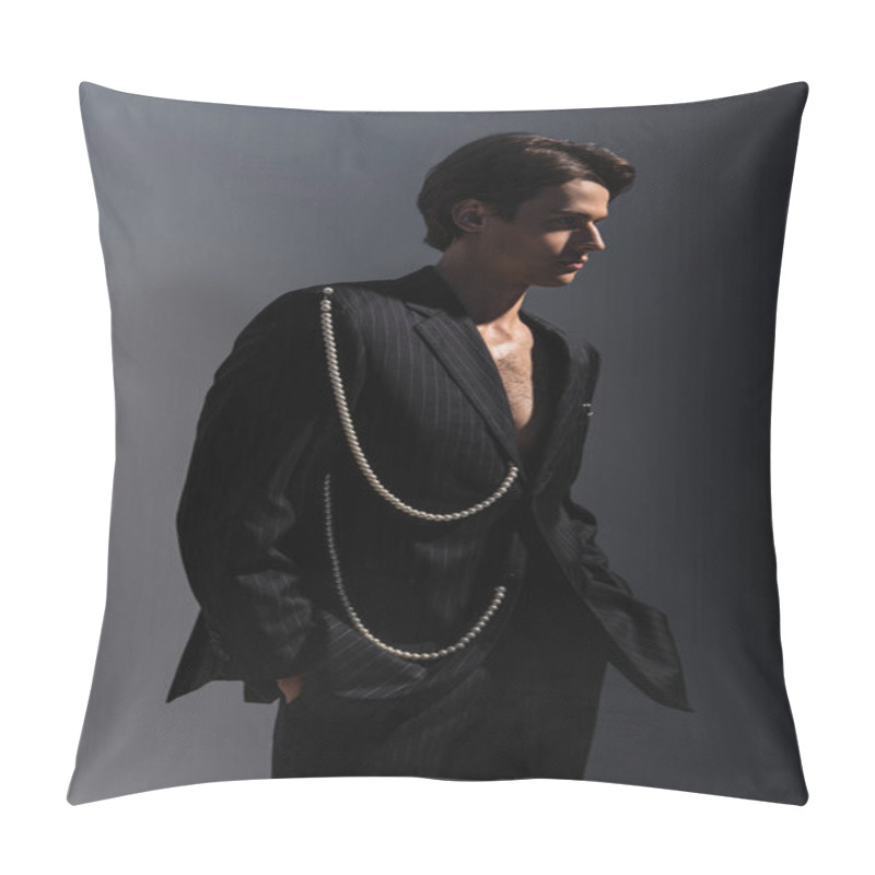 Personality  Man In Trendy Suit With Pearls Looking Away While Posing With Hands In Pockets On Dark Grey  Pillow Covers