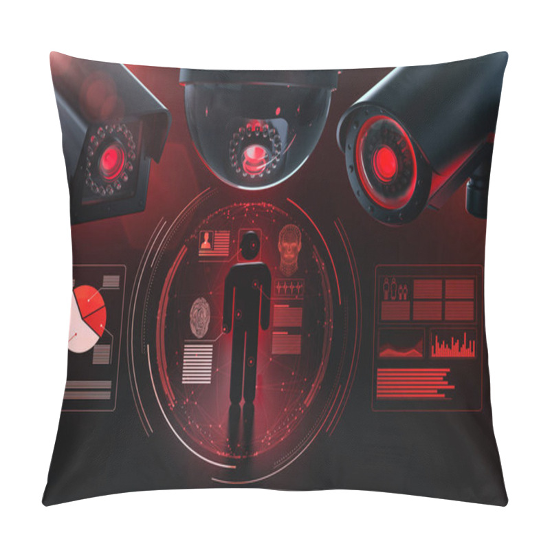 Personality  Three Big Cctv's Gathering And Checking Personal Data As A Metaphor Of Artificial Intelligence Driven Surveillance Software And How It Shapes The Future. Obey And Procreate Concept. 3D Rendering Pillow Covers