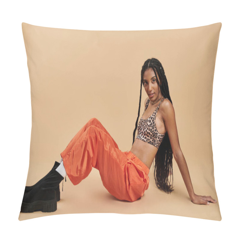 Personality  A Fashionable Young Woman Showcases Her Unique Style While Seated On The Ground. Pillow Covers