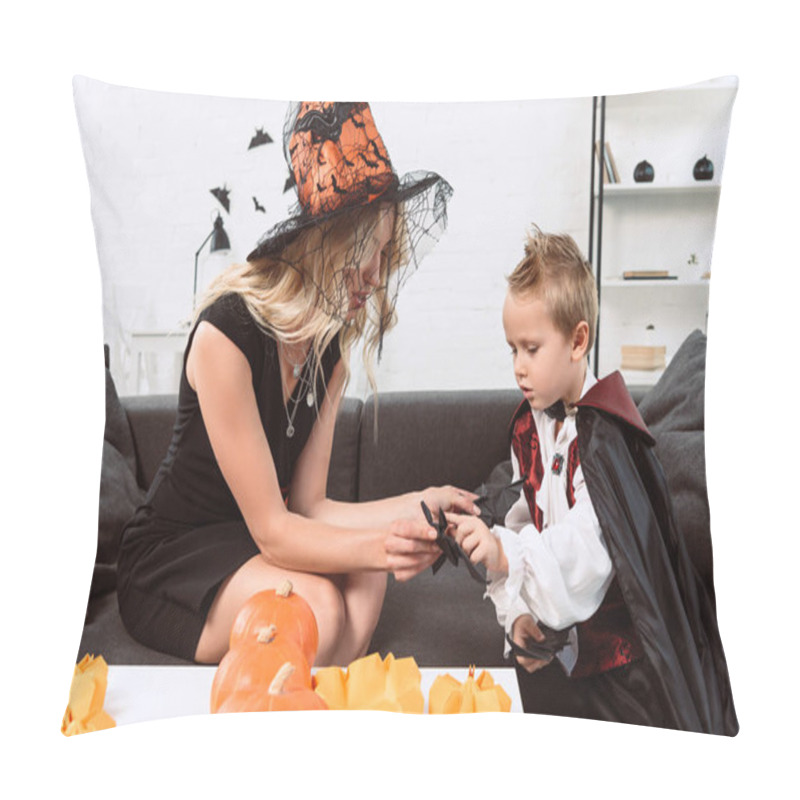 Personality  Mother And Little Son In Halloween Costumes With Black Paper Bats On Sofa At Home Pillow Covers