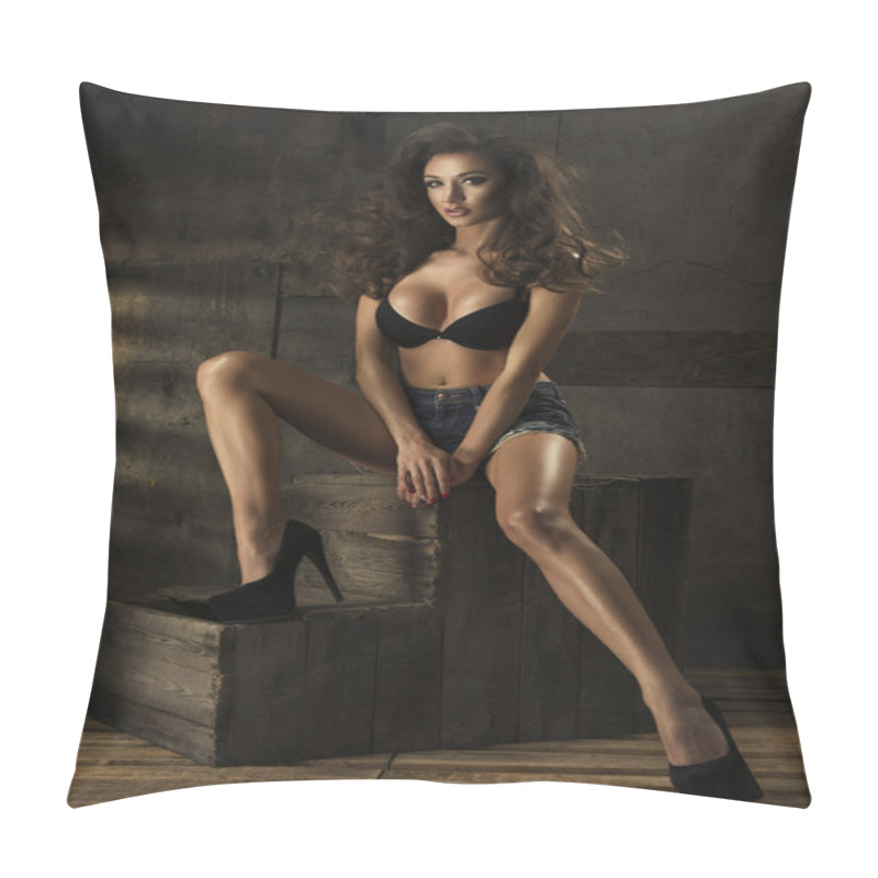 Personality  Brunette Sexy Woman Sitting On Wooden Pallets Pillow Covers