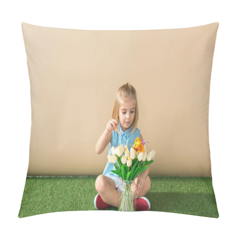 Personality   Child Sitting With Crossed Legs, Looking At Flowers And Catching Butterfly  Pillow Covers