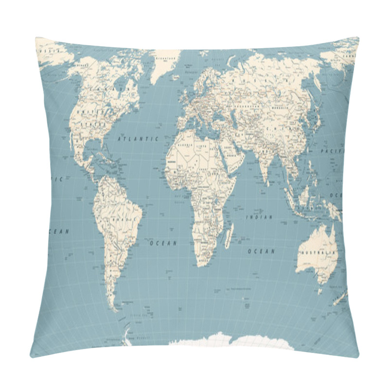 Personality  Retro World Map And Main State Roads. Large Detailed World Map Vector Illustration. Pillow Covers