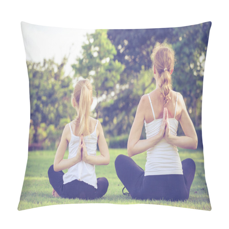 Personality  Mother And Daughter Doing Yoga Exercises On Grass In The Park. Pillow Covers