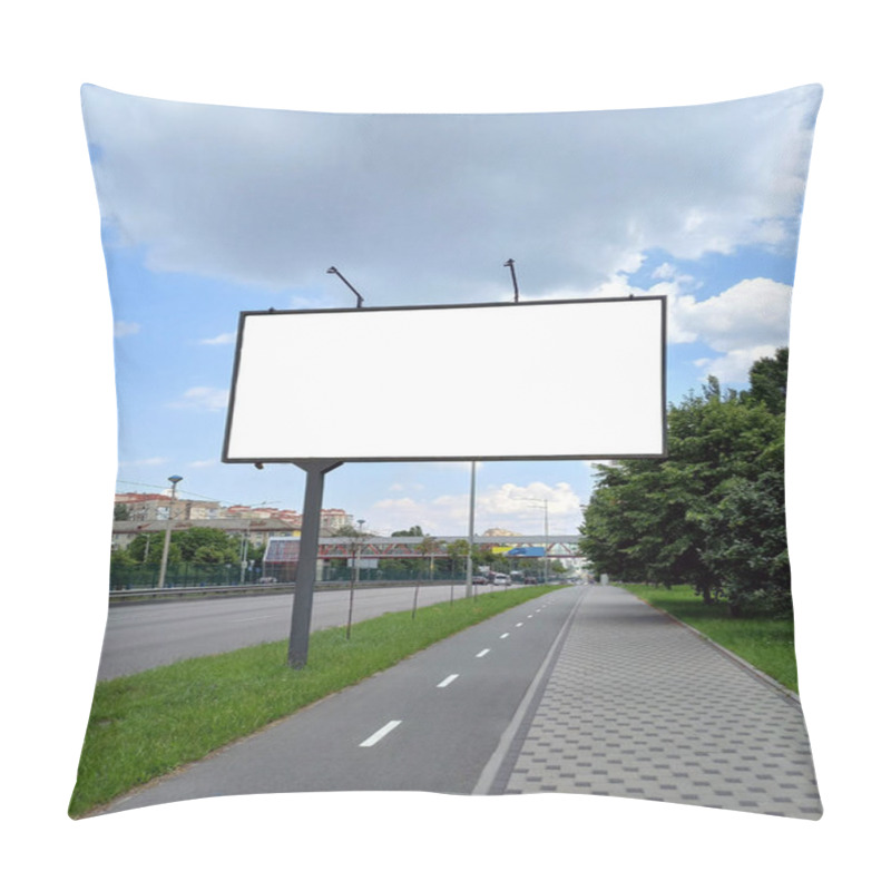 Personality  Bigboard On The Street With A Template Of Isolated Blank White Space For Inserting Advertising. Bigboard On A Divided Sidewalk In Perspective Pillow Covers