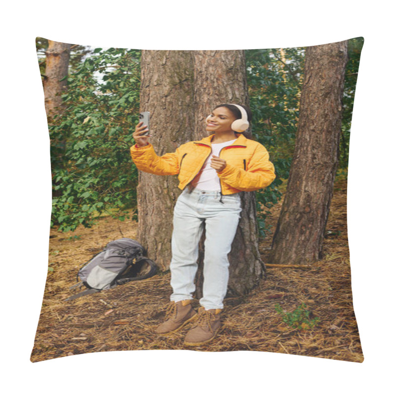 Personality  A Joyful Young Woman Relaxes Against A Tree Trunk, Savoring Her Hike Amidst Beautiful Autumn Foliage. Pillow Covers