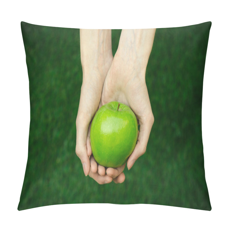 Personality  Vegetarians And Fresh Fruit And Vegetables On The Nature Of The Theme: Human Hand Holding A Green Apple On A Background Of Green Grass Top View Pillow Covers