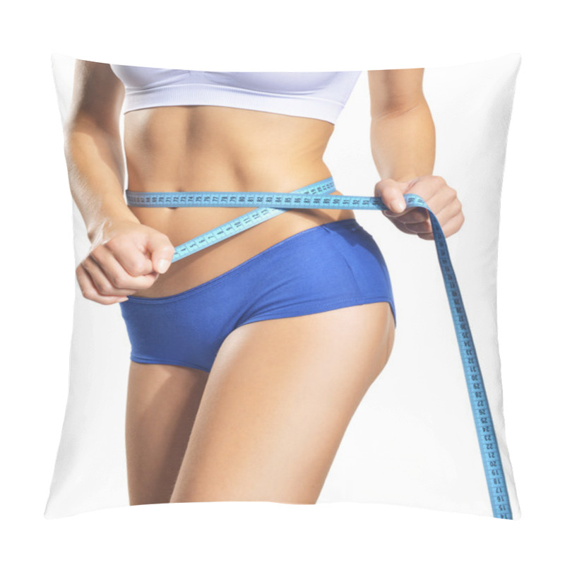 Personality  Woman Measuring Her Waistline. Perfect Slim Body. Diet Pillow Covers