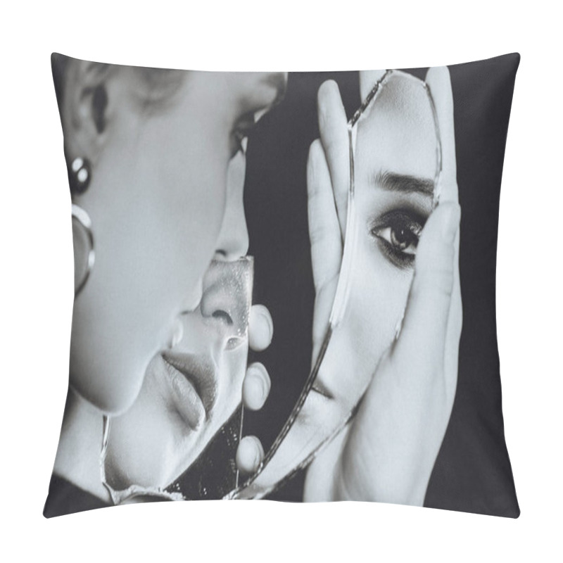 Personality  Woman With Broken Self-image Mirror On Black Background, Black And White Portrait Pillow Covers