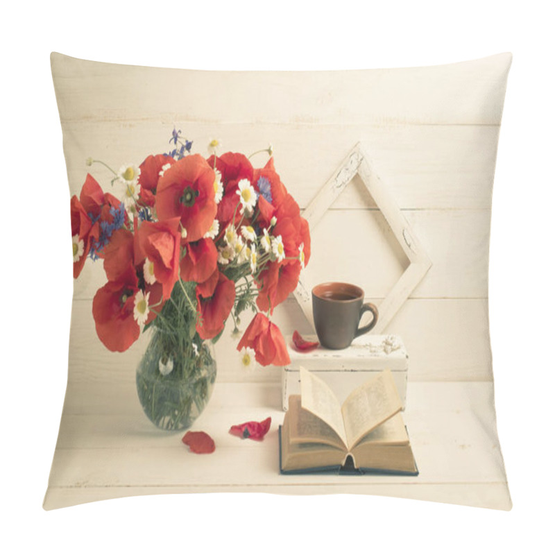 Personality  Red Poppies Bouquet In Round Vase, Open Book, Tea Cup  Pillow Covers