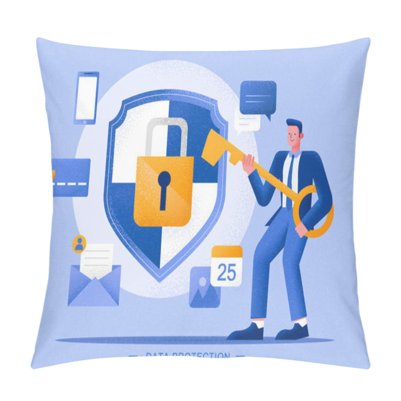 Personality  Man Holding A Key To Encrypt His Personal Information, Concept Of Privacy, Data Protection And Cyber Security, In Flat Style Pillow Covers