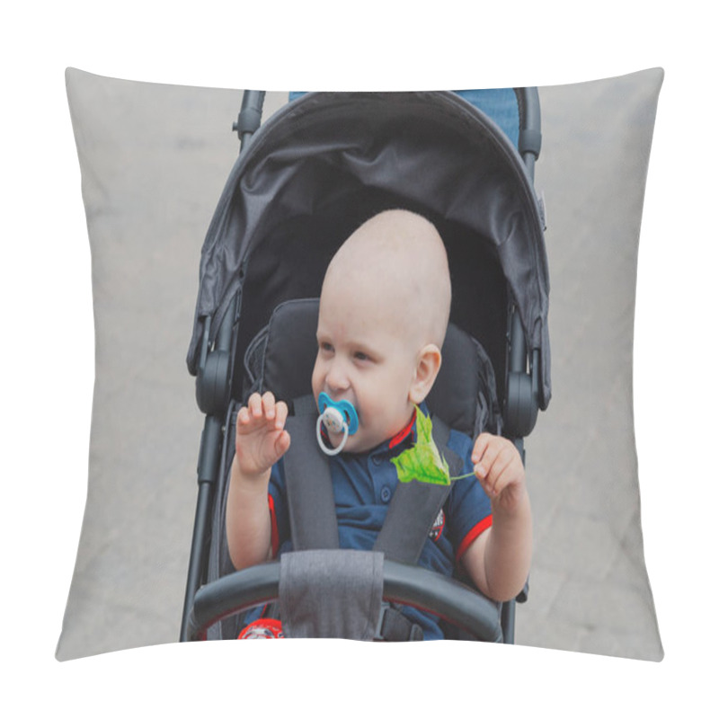 Personality  Little Boy Sitting In A Baby Carriage On A Sunny Day. Pillow Covers