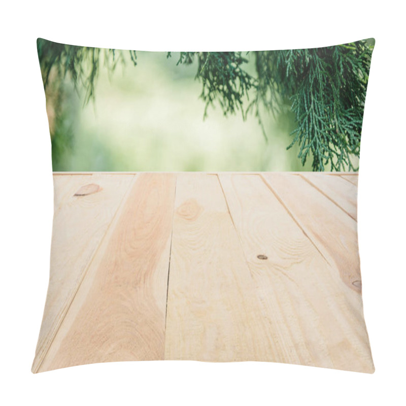 Personality  Template Of Beige Wooden Floor Made Of Planks On Blurred Green Background With Pine Tree Leaves Pillow Covers