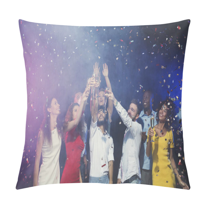 Personality  Group Of Young People Celebrating New Year With Champagne At Night Club Pillow Covers