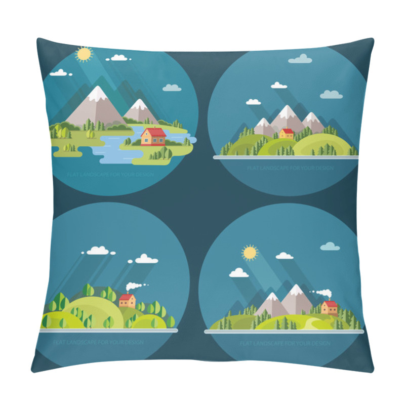 Personality  Summer  Landscape Set. Houses In The Mountains Among The Trees,  Pillow Covers