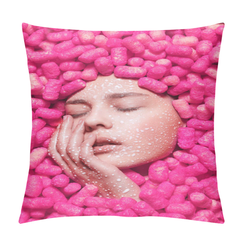 Personality  Fashion Portrait Of Amazing Beautiful Fashion Girl With Beautiful Professional Golden Makeup. Natural Beauty With Many Pink Sweets. Creative Fashion Portrait. Sensual Sexual Pretty Girl. Cosmetics. Pillow Covers