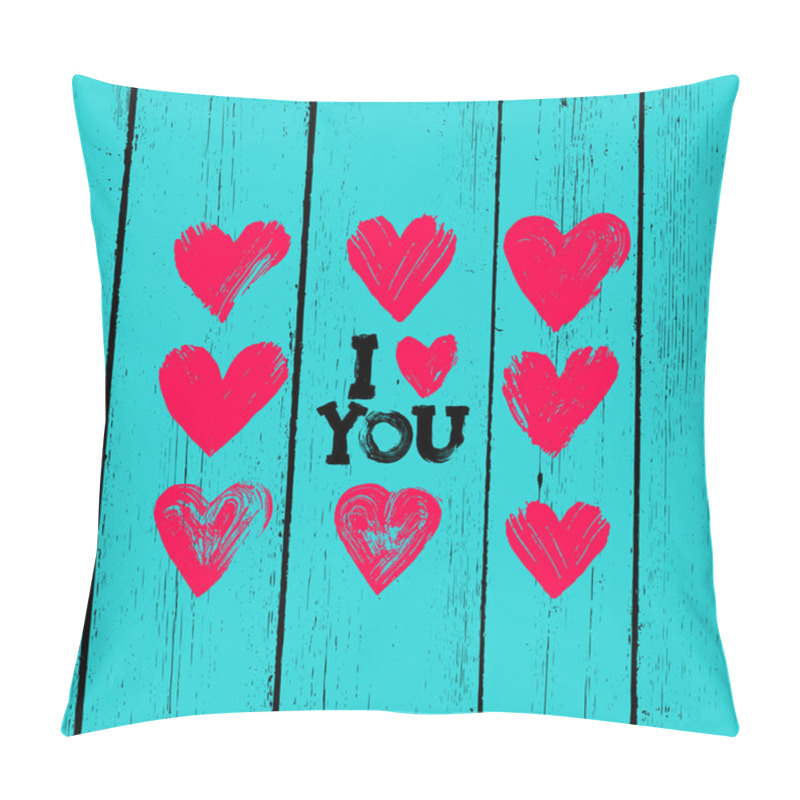 Personality  Hearts On Wooden Background. Postcard Valentine's Day. Vector Illustration. Isolated On Turquoise Background. Freehand Drawing. Pillow Covers