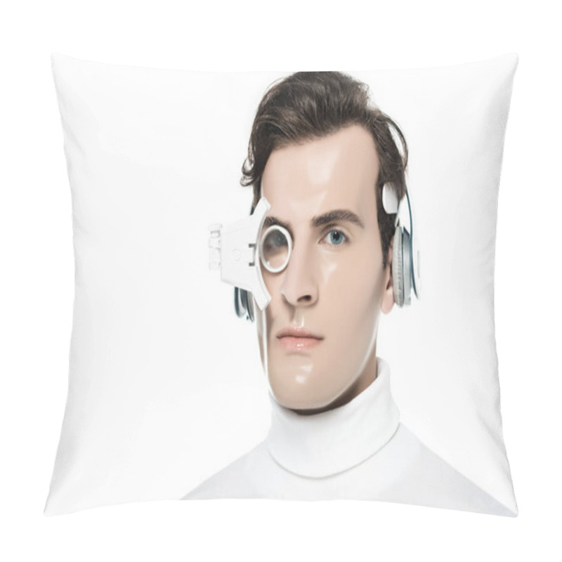 Personality  Brunette Cyborg Man In Headphones And Eye Lens Looking At Camera Isolated On White Pillow Covers