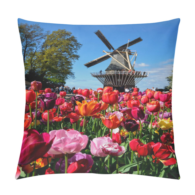 Personality  Blooming Tulips Flowerbed And Wind Mill In Keukenhof Garden, Aka The Garden Of Europe, One Of The World Largest Flower Gardens Windmill Tourists. Lisse, Netherlands Pillow Covers