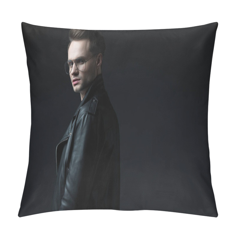 Personality  Side View Of Stylish Brutal Man In Biker Jacket Looking At Camera Isolated On Black Pillow Covers