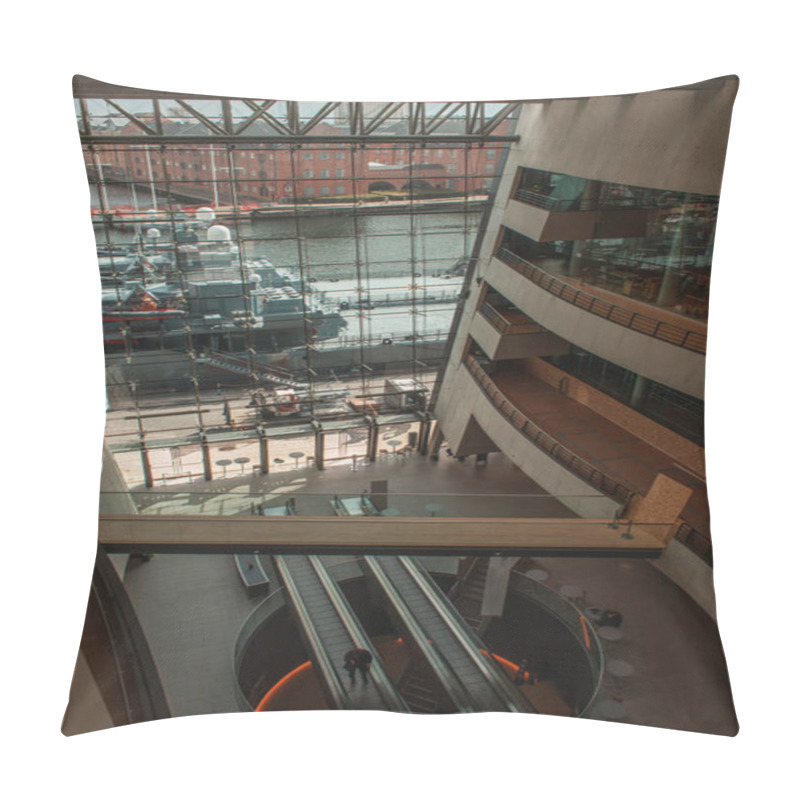 Personality  COPENHAGEN, DENMARK - APRIL 30, 2020: High Angle View Of Interior Of Black Diamond Royal Library With Ships In Harbor, Copenhagen, Denmark  Pillow Covers