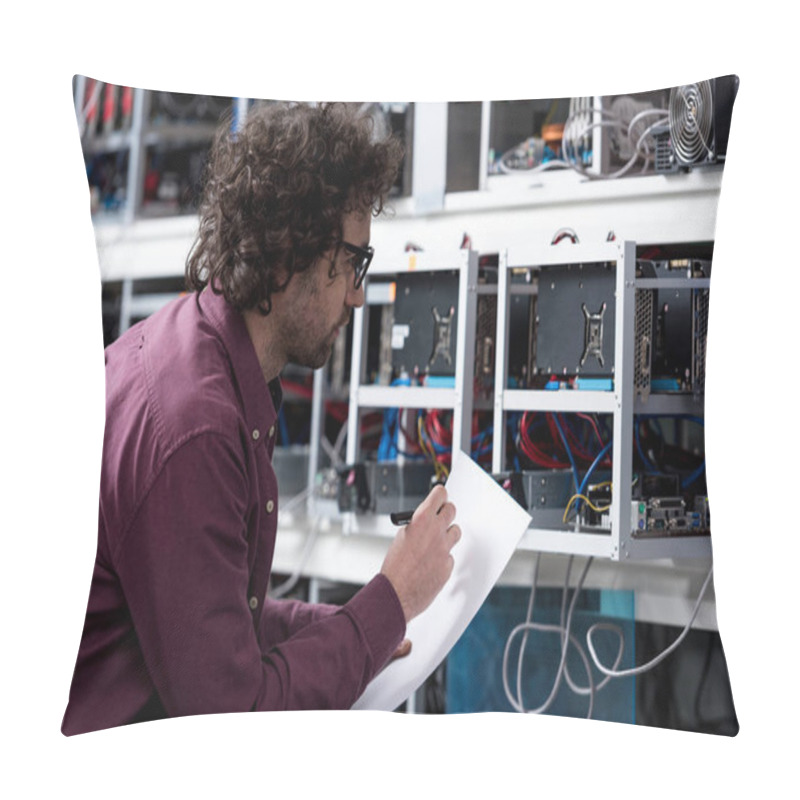 Personality  Young Computer Engineer Writing On Paper At Cryptocurrency Mining Farm Pillow Covers