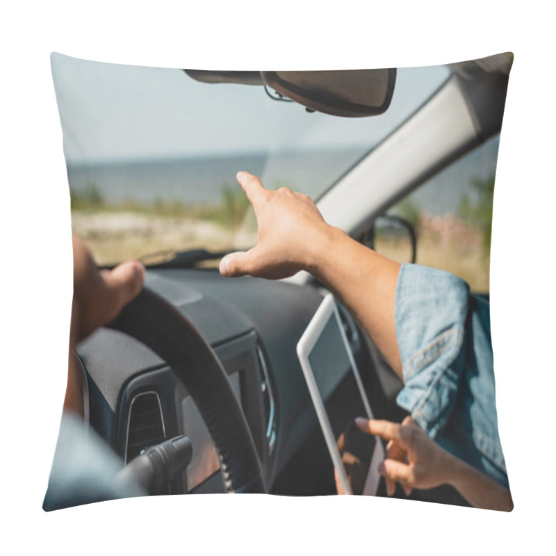 Personality  Cropped View Of Man Pointing With Finger Near Wife With Digital Tablet In Auto  Pillow Covers