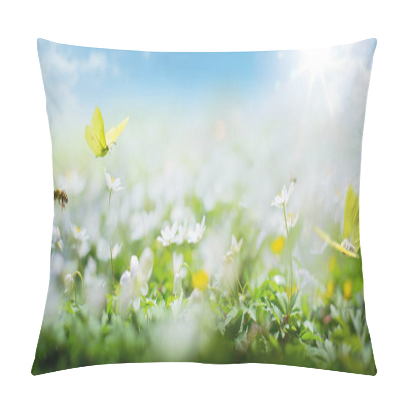 Personality  Art Beautiful Spring Nature Blurred Background; White Spring Flower And Fly Butterfly Against Evening Sunny Sky; Pillow Covers