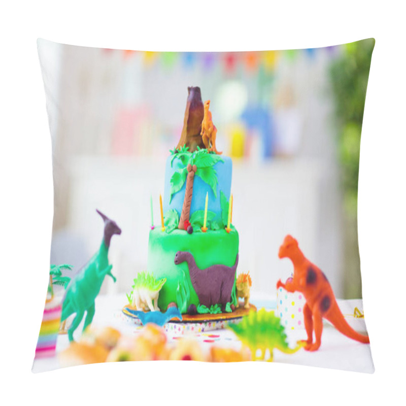 Personality  Kids Birthday Party. Dinosaur Theme Cake. Little Girl Blowing Candles And Opening Gifts. Children Event. Decoration For Dinosaurs Themed Celebration. Pillow Covers