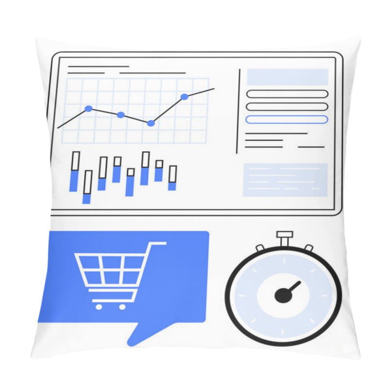 Personality  Dashboard With Line Graph Bar Charts, And Data Panels. Blue Shopping Cart Icon In Speech Bubble. Stopwatch Timer. Ideal For Analytics, E-commerce, Time Management, Business Planning, Performance Pillow Covers