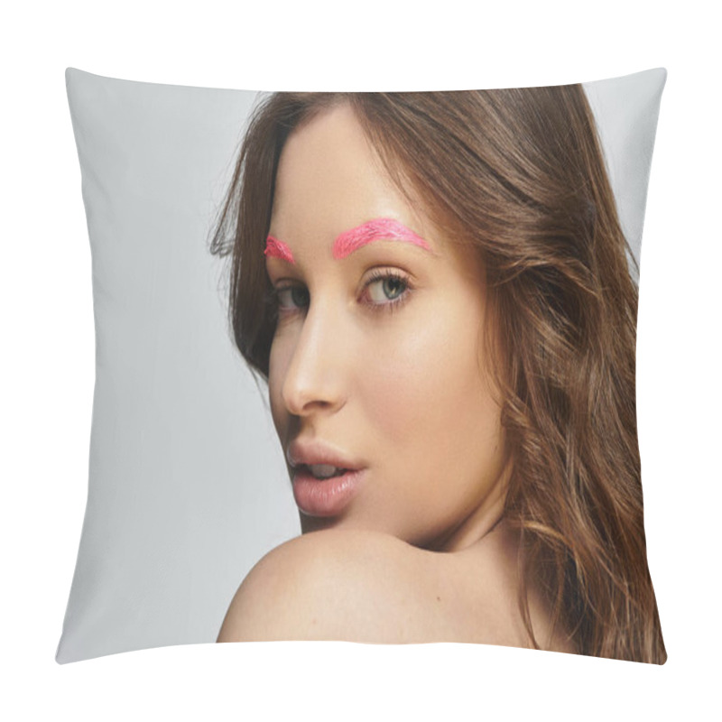 Personality  A Young Woman Highlights Her Unique Style With Bold Pink Eyebrows On A Grey Background. Pillow Covers