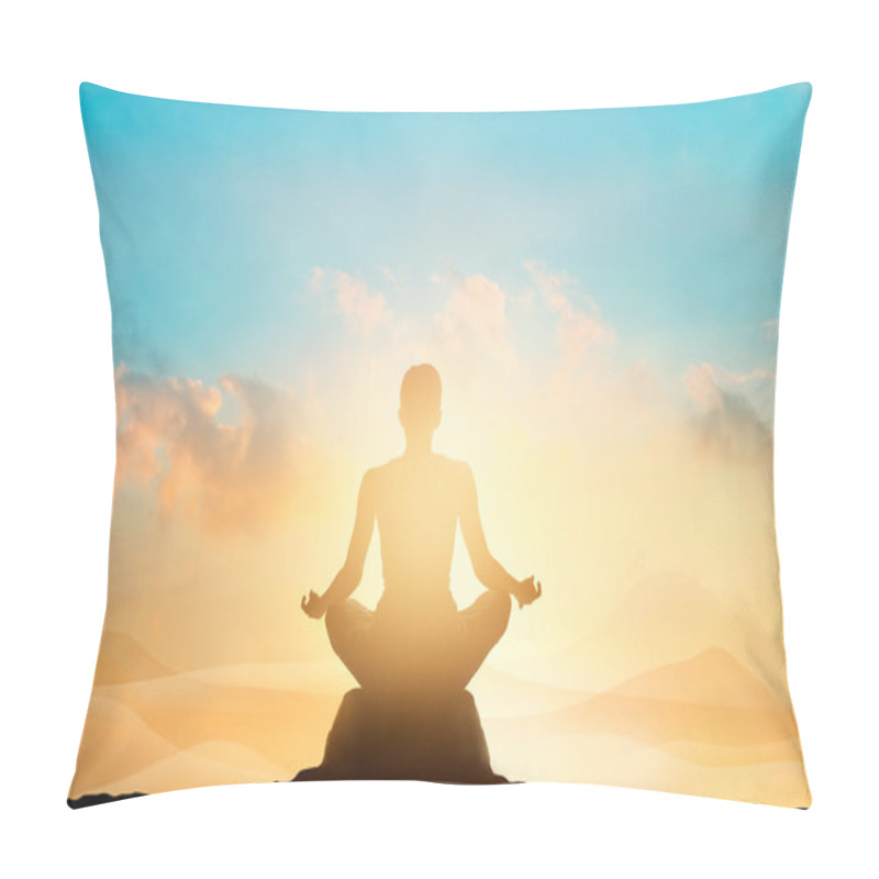 Personality  Women Meditating Pastel On High Mountain In Sunset Background Pillow Covers