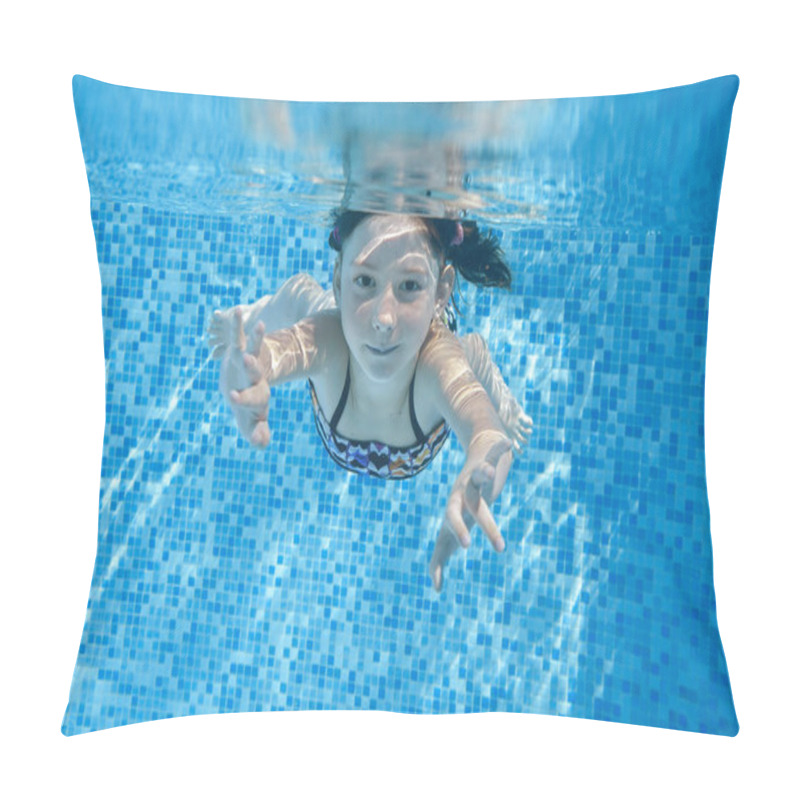 Personality  Child Swims In Pool Underwater, Happy Active Girl Dives And Has Fun Under Water, Kid Fitness And Sport On Family Vacation Pillow Covers