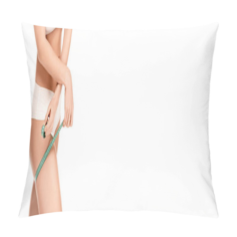 Personality  Panoramic Concept Of Woman In Panties Measuring Thigh Isolated On White  Pillow Covers