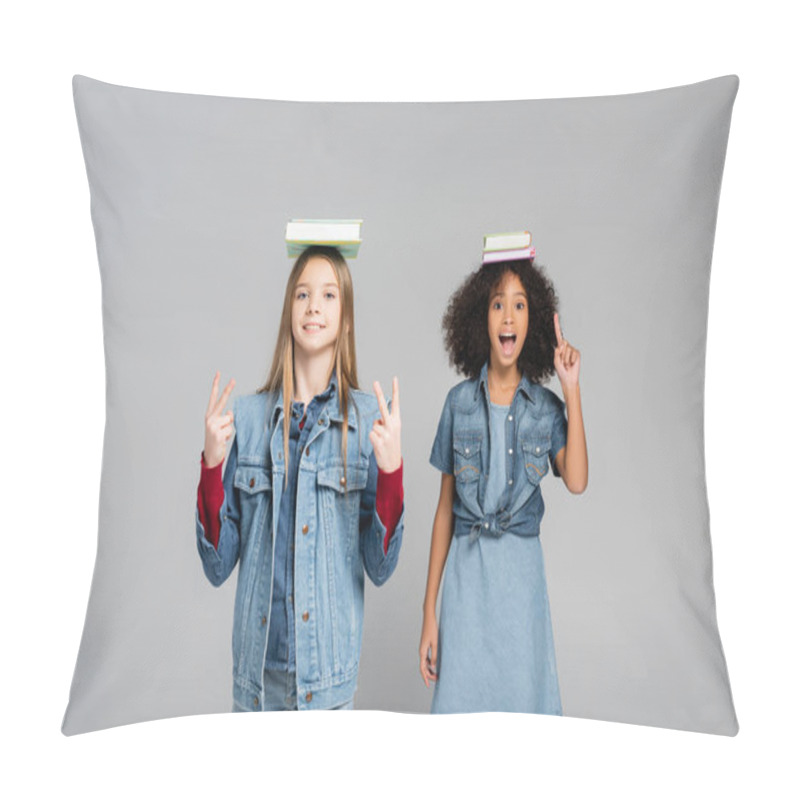 Personality  Excited African American Schoolgirl Pointing With Finger Near Happy Friend Showing Victory Signs Isolated On Grey Pillow Covers