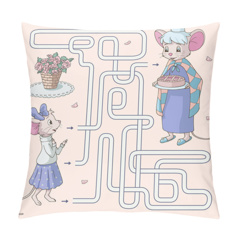 Personality  Labyrinth. Maze Game For Kids. Help Cute Cartoon Girl Mouse Find Path To Her Grandmother Holding A Pie. Vector Illustration. Pastel Colors. Pillow Covers