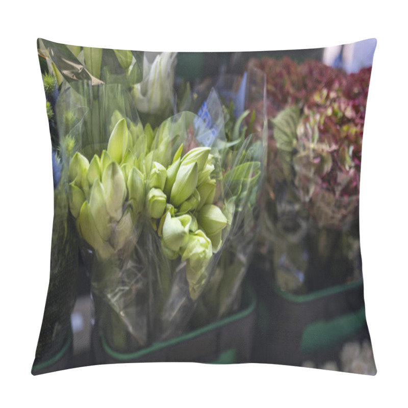 Personality  Bouquets Of Green Lily Buds Among Burgundy Hydrangeas. Pillow Covers