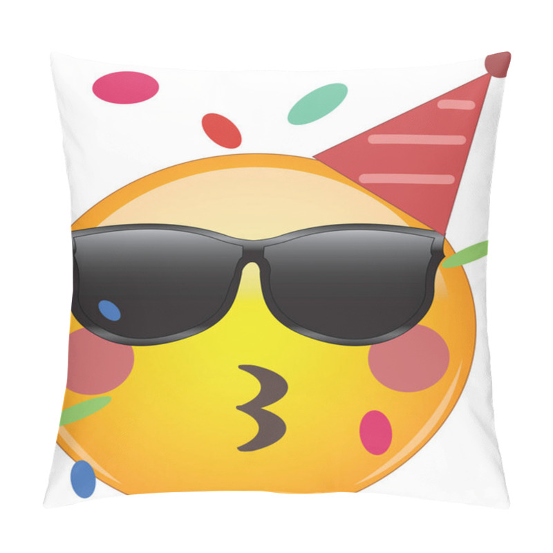 Personality  Cool Party Emoji Celebrating Birthday! Yellow Face Emoticon Wearing Shades And A Party Hat, Kissing Lips Or Whistling As Confetti Floats Around Its Head. Expression Of Celebration, Fun, Awesome. Pillow Covers