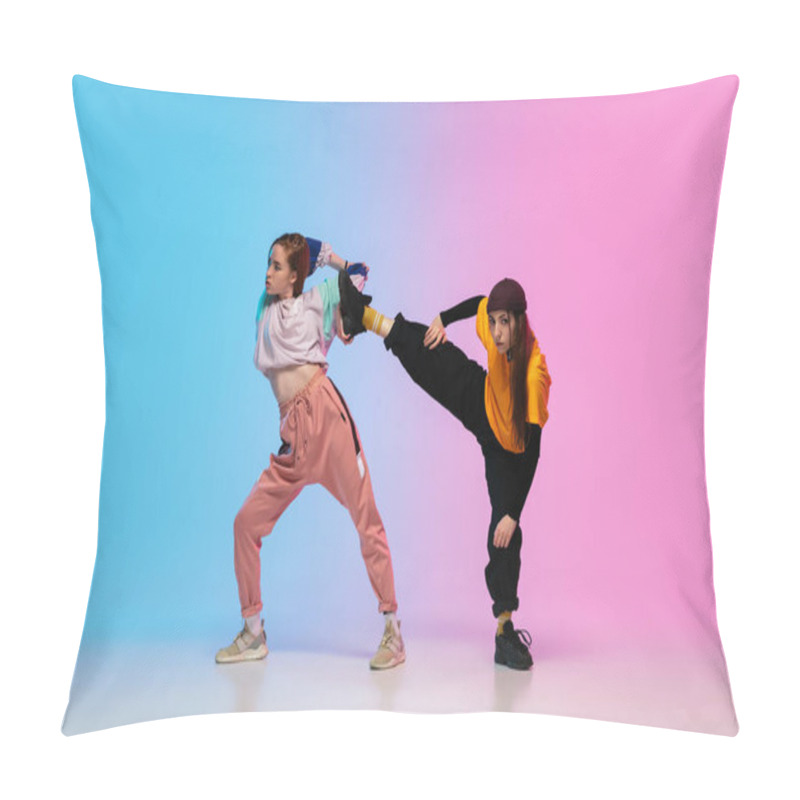 Personality  Girls Dancing Hip-hop In Stylish Clothes On Gradient Background At Dance Hall In Neon Light. Pillow Covers