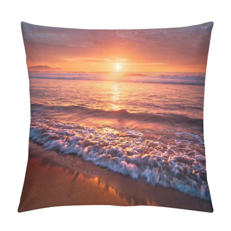 Personality  Beautiful Red Sunset On Beach With A Wave On The Shore Pillow Covers