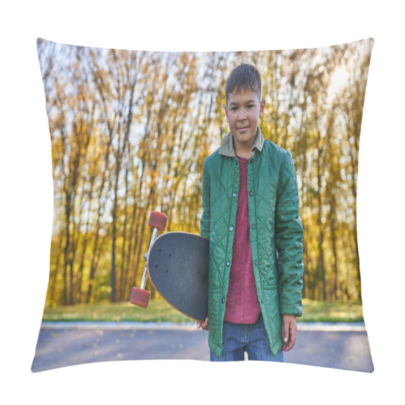 Personality  Happy African American Boy In Outerwear Holding Penny Board, Autumn Park, Fall Season, Portrait Pillow Covers