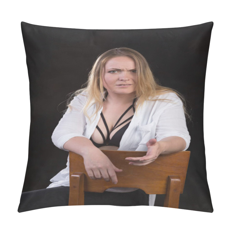 Personality  Blond Woman In Unbuttoned White Shirt That Reveals Underwear On  Pillow Covers